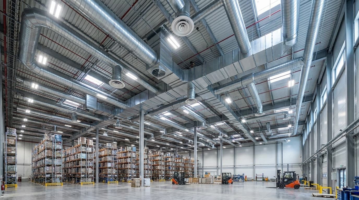 Warehouse ceiling ductwork and ventilation systems