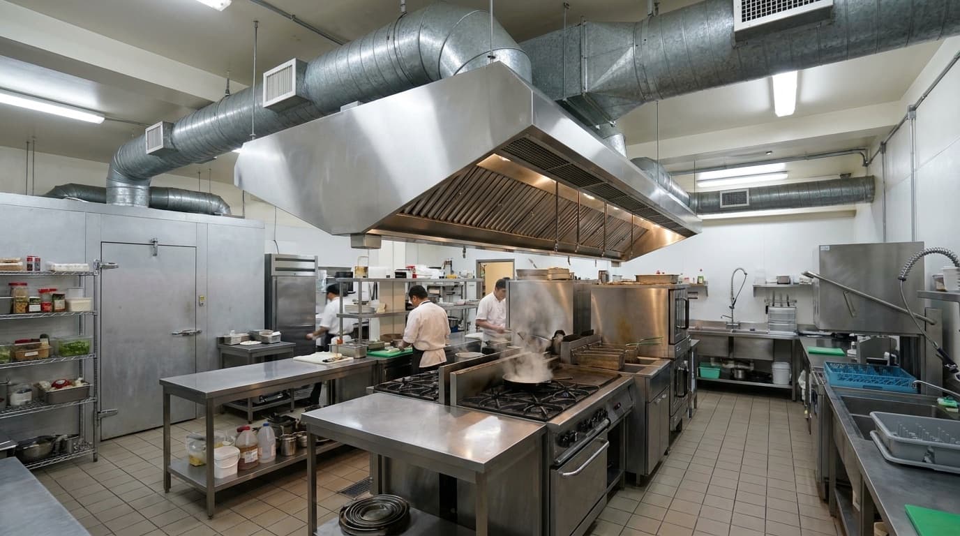Commercial kitchen with industrial ventilation hoods