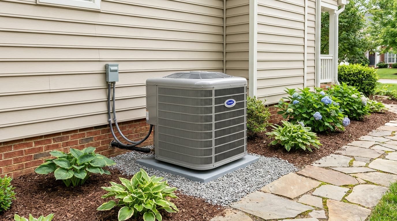 New AC condenser unit installed beside a suburban home