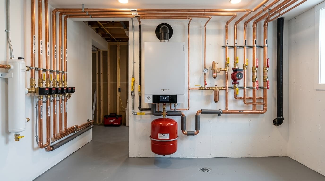 Modern residential boiler with clean copper piping