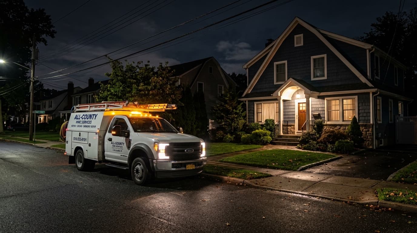 HVAC service truck outside a home at night